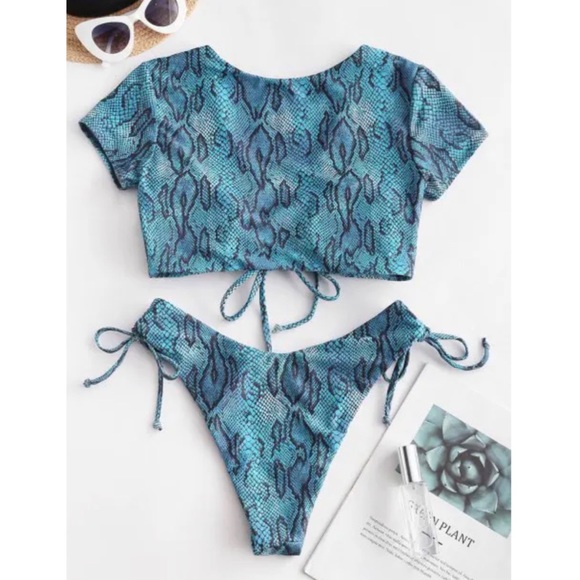❗️FINAL❗️ 🆕 ZAFUL Blue Snakeskin Cinched V Neck Bikini S/4 - Picture 2 of 6